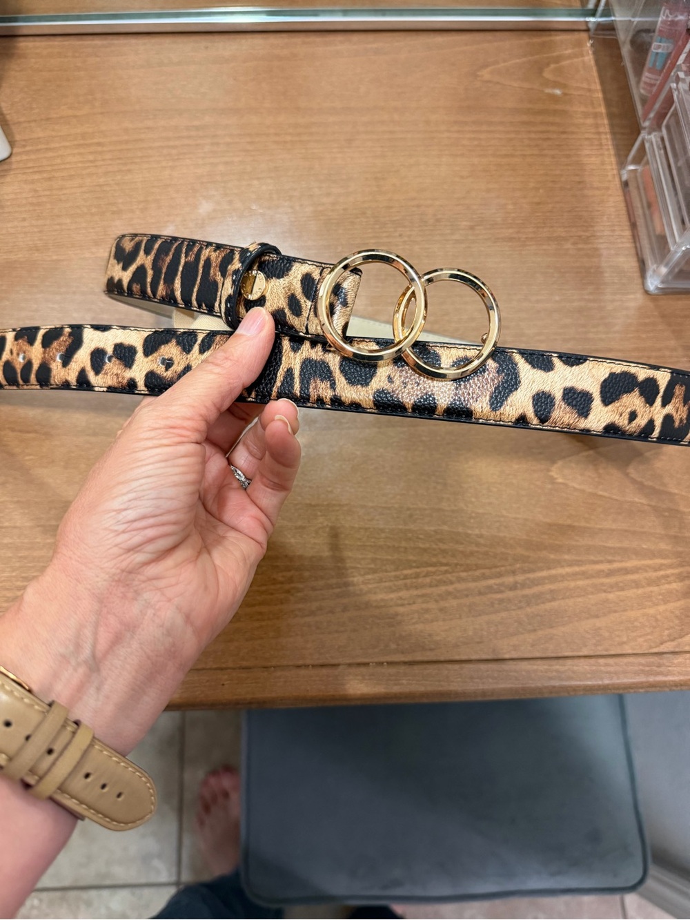 Vince Camuto Leopard Print Belt with Double Gold Rings